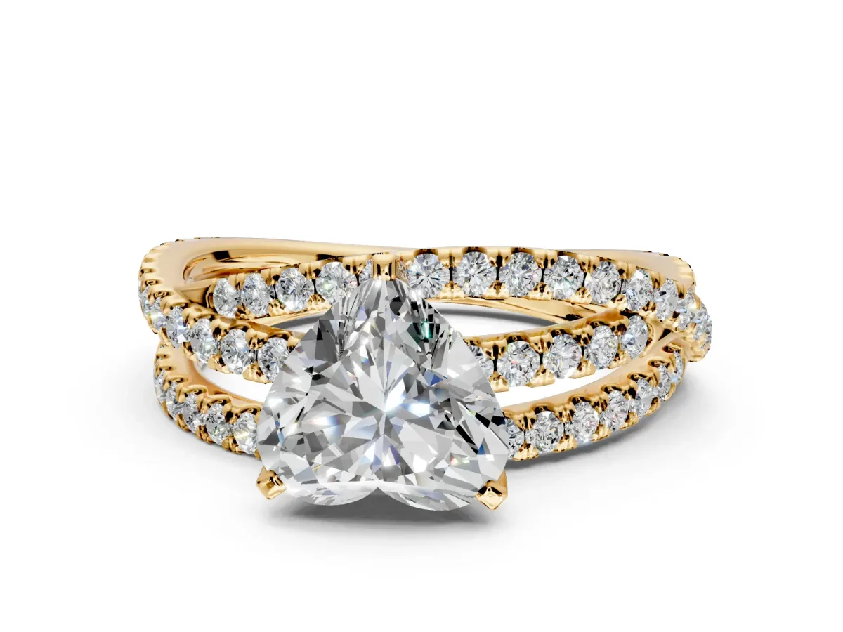Solitaire Engagement Ring Setting for Heart-Shaped Center with Woven 3-Strand Pave Band and Prong Head in Yellow Gold