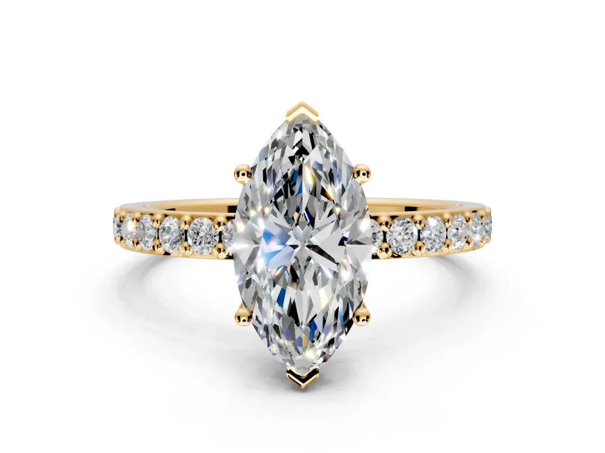 Solitaire Engagement Ring Setting for Marquise Center with Round Cut Pave Band and Prong Head in Yellow Gold