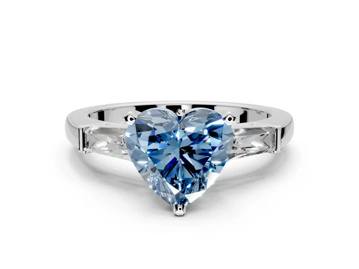 3 Stone Engagement Ring Setting for Fancy Blue Heart-Shaped Center with Tapered Baguettes, Plain Band and Prong Head in White Gold