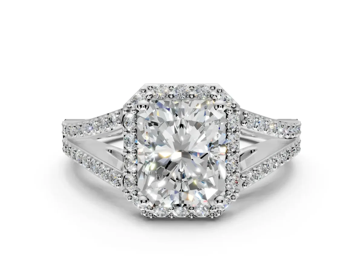 Halo Engagement Ring Setting for Radiant Cut Center with Pave Split Shank and Prong Head in White Gold