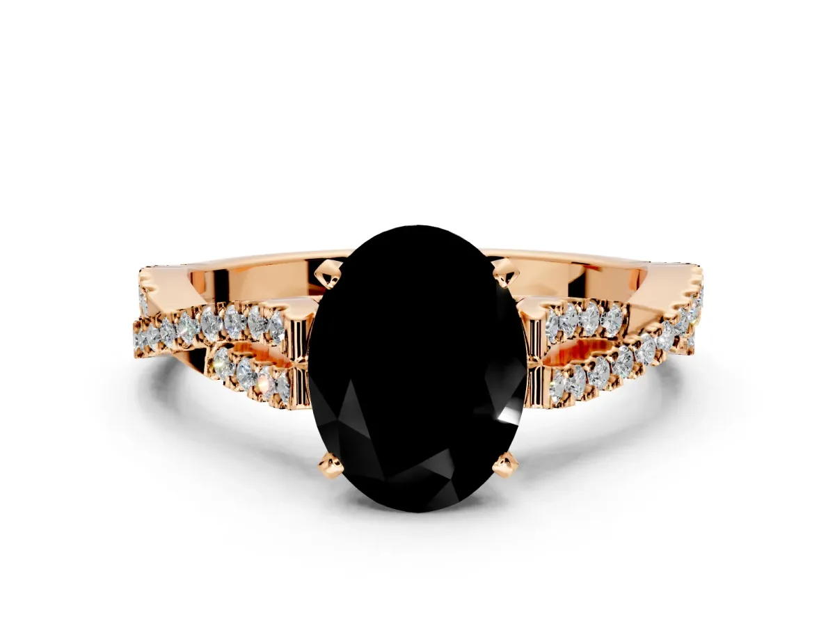 Solitaire Engagement Ring Setting for Fancy Black Oval Center with Twisted Pave Split Shank and Prong Head in Rose Gold