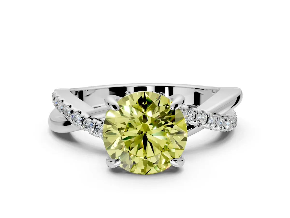 Solitaire Engagement Ring Setting for Fancy Yellow Round Cut Center with Half-Pave Crossover Band and Prong Head in Sterling Silver