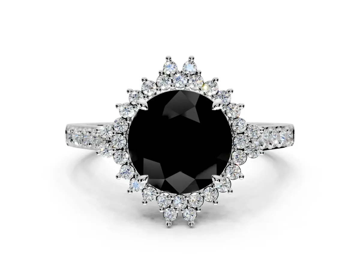 Sunburst Halo Engagement Ring Setting for Fancy Black Round Cut Center with Pave Band and Prong Head in Platinum