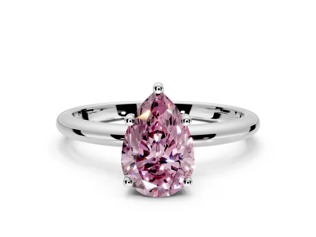 Hidden Halo Engagement Ring Setting for Fancy Pink Pear-Shaped Center with Thin Round-Wire Band and Prong Head in Platinum