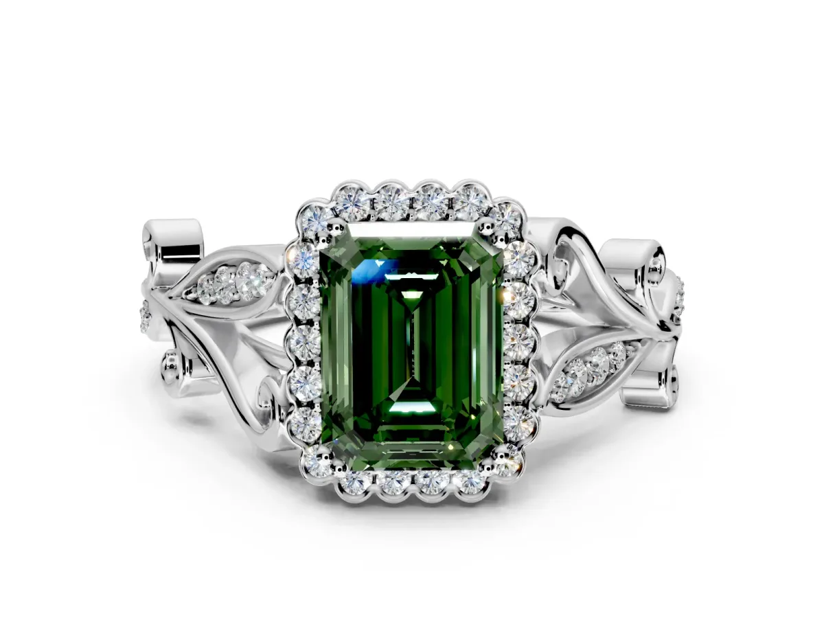 Halo Engagement Ring Setting for Fancy Green Emerald Cut Center with Leaf Motif Split Shank and Prong Head in Platinum