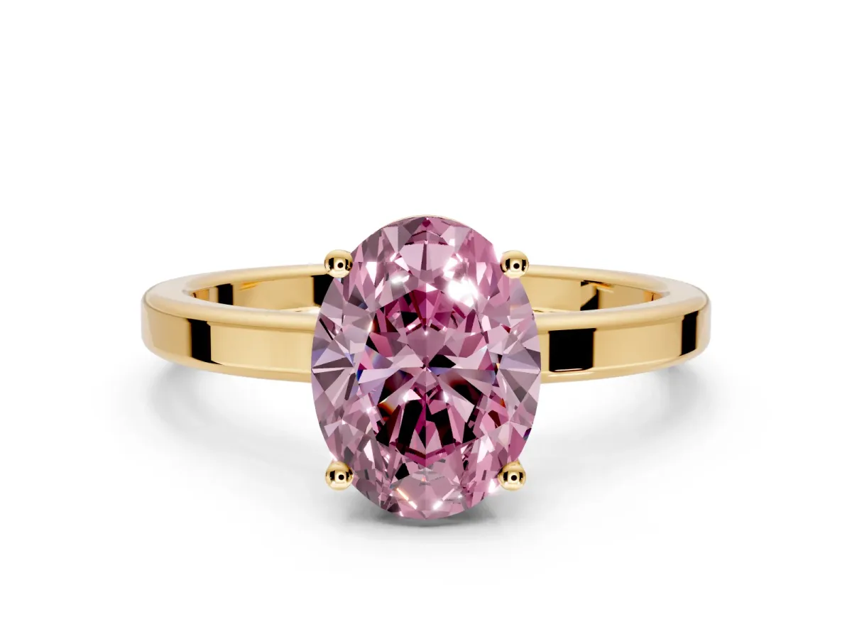 Hidden Halo Engagement Ring Setting for Fancy Pink Oval Center with Wide Flat Plain Band and Prong Head in Yellow Gold