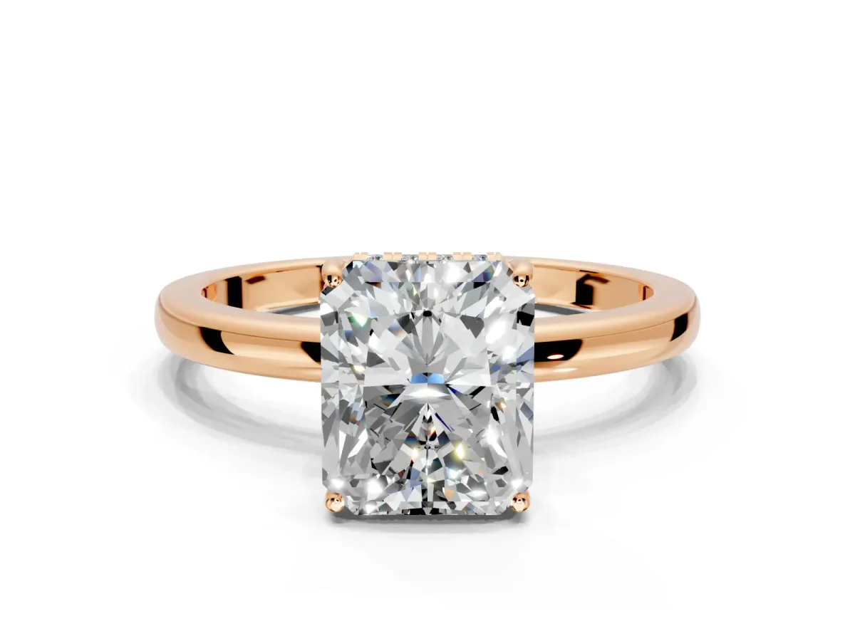 Solitaire Engagement Ring Setting for Radiant Cut Center with Fine Wire Band and Prong Head in Rose Gold