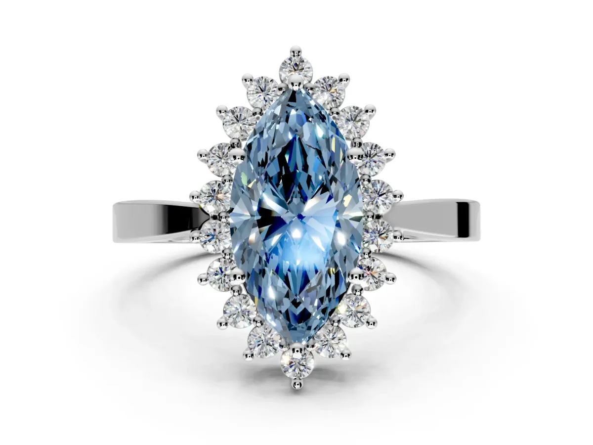 Starburst Halo Engagement Ring Setting for Fancy Blue Marquise Center with Flat Cathedral Band and Prong Head in Sterling Silver