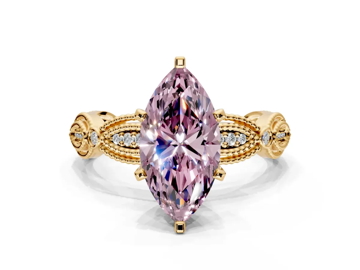 Solitaire Engagement Ring Setting for Fancy Pink Marquise Center with Marquise Panel Band and Prong Head in Yellow Gold