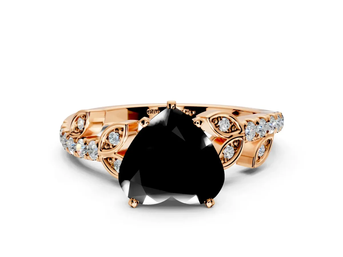 Leaf Motif Engagement Ring Setting for Fancy Black Heart-Shaped Center with Pave Band and Prong Head in Rose Gold