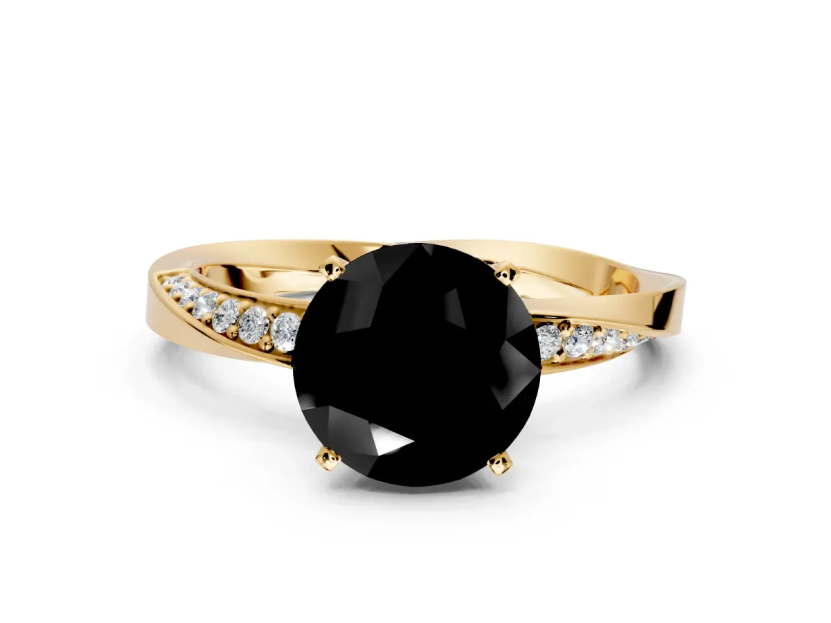 Side Accent Engagement Ring Setting for Fancy Black Round Cut Center with Accent Shoulders and Prong Head in Yellow Gold