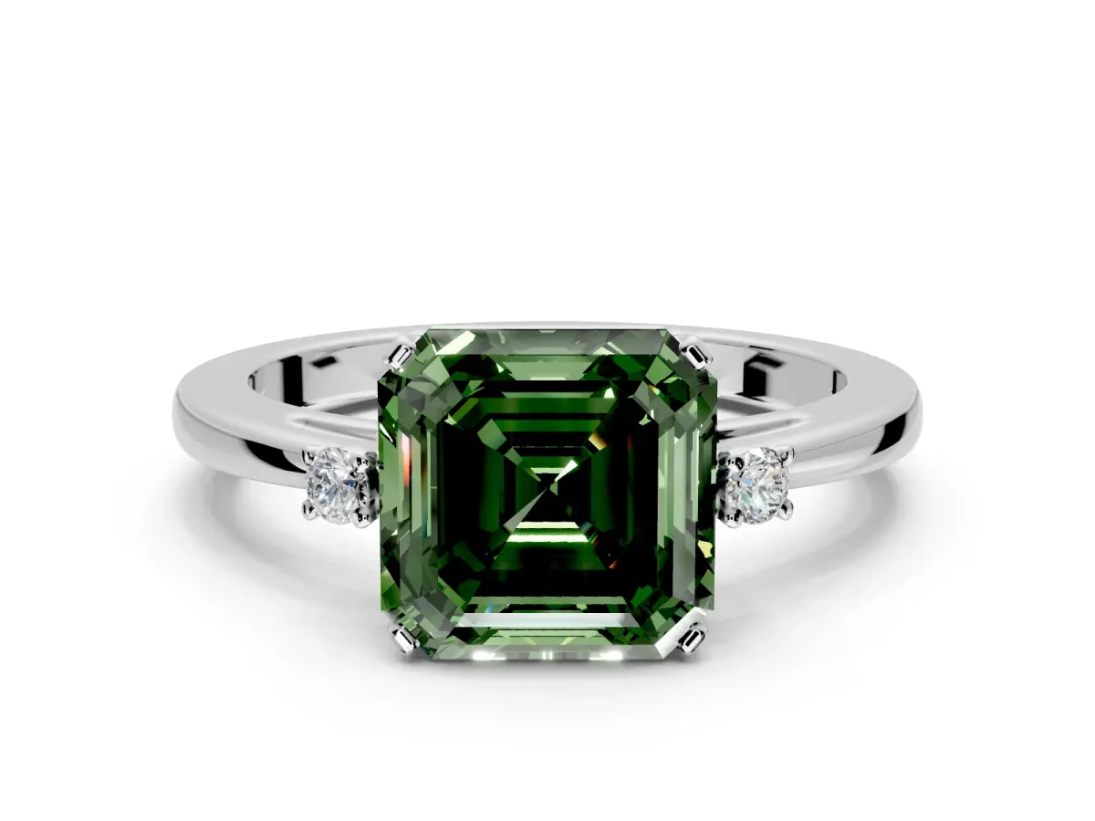 3 Stone Engagement Ring Setting for Fancy Green Asscher Cut Center with Low-Set Round Cut Accents and Prong Head in Platinum