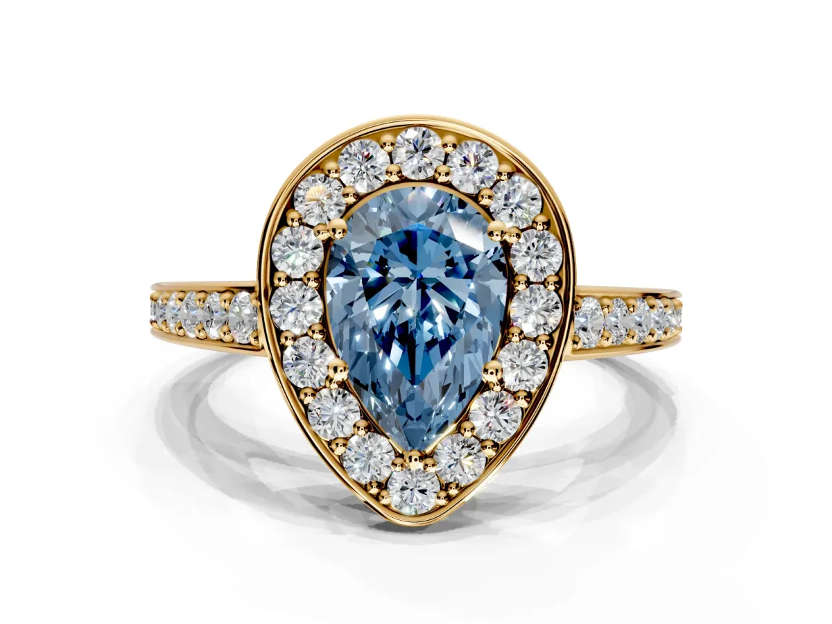 Bezel-Framed Halo Engagement Ring Setting for Fancy Blue Pear-Shaped Center with Pave Band and Prong Head in Yellow Gold