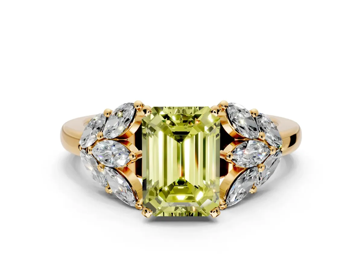 Leaf Cluster Engagement Ring Setting for Fancy Yellow Emerald Cut Center with Marquise Accents and Prong Head in Yellow Gold