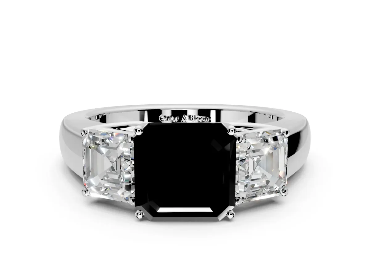 3 Stone Engagement Ring Setting for Fancy Black Asscher Cut Center with Raised Basket Heads and Prong Head in Platinum