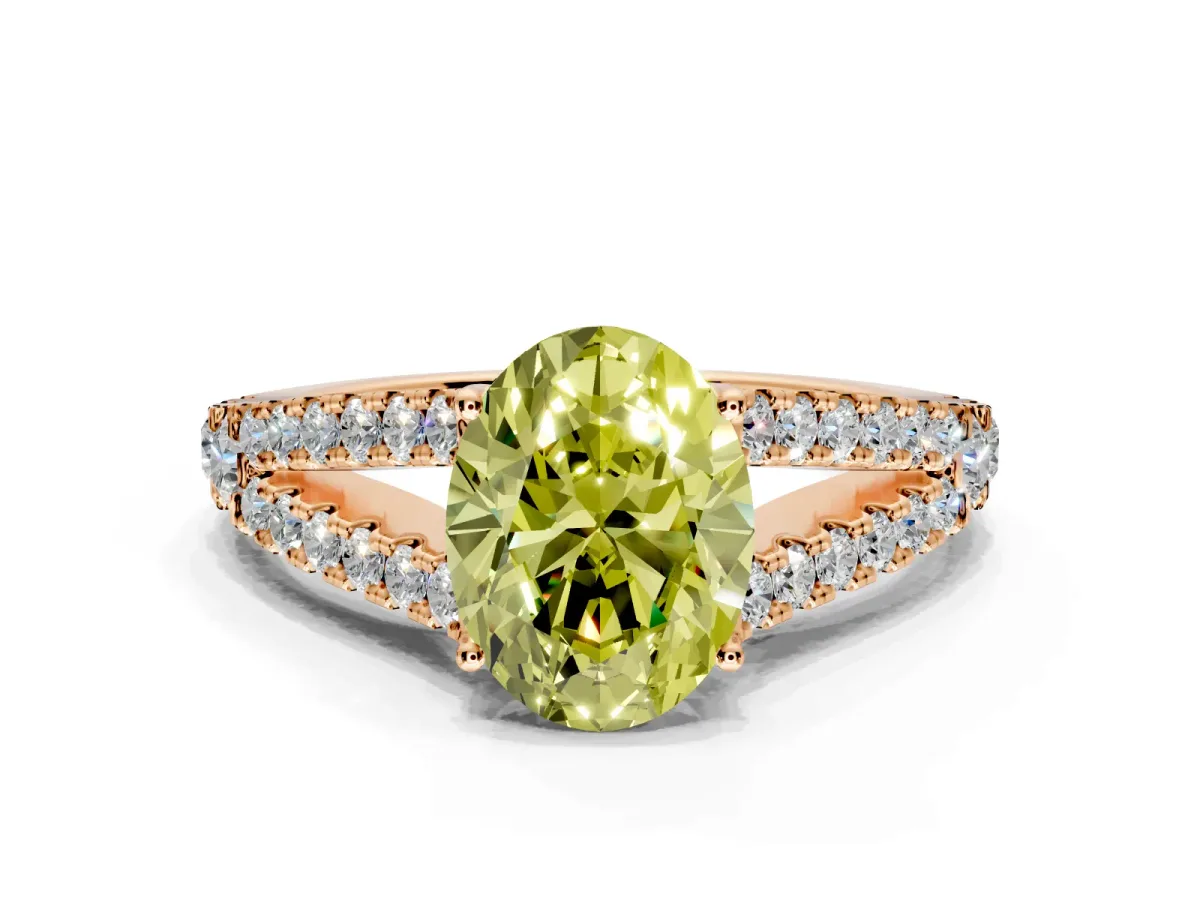 Solitaire Engagement Ring Setting for Fancy Yellow Oval Center with Pave Split Shank and Prong Head in Rose Gold