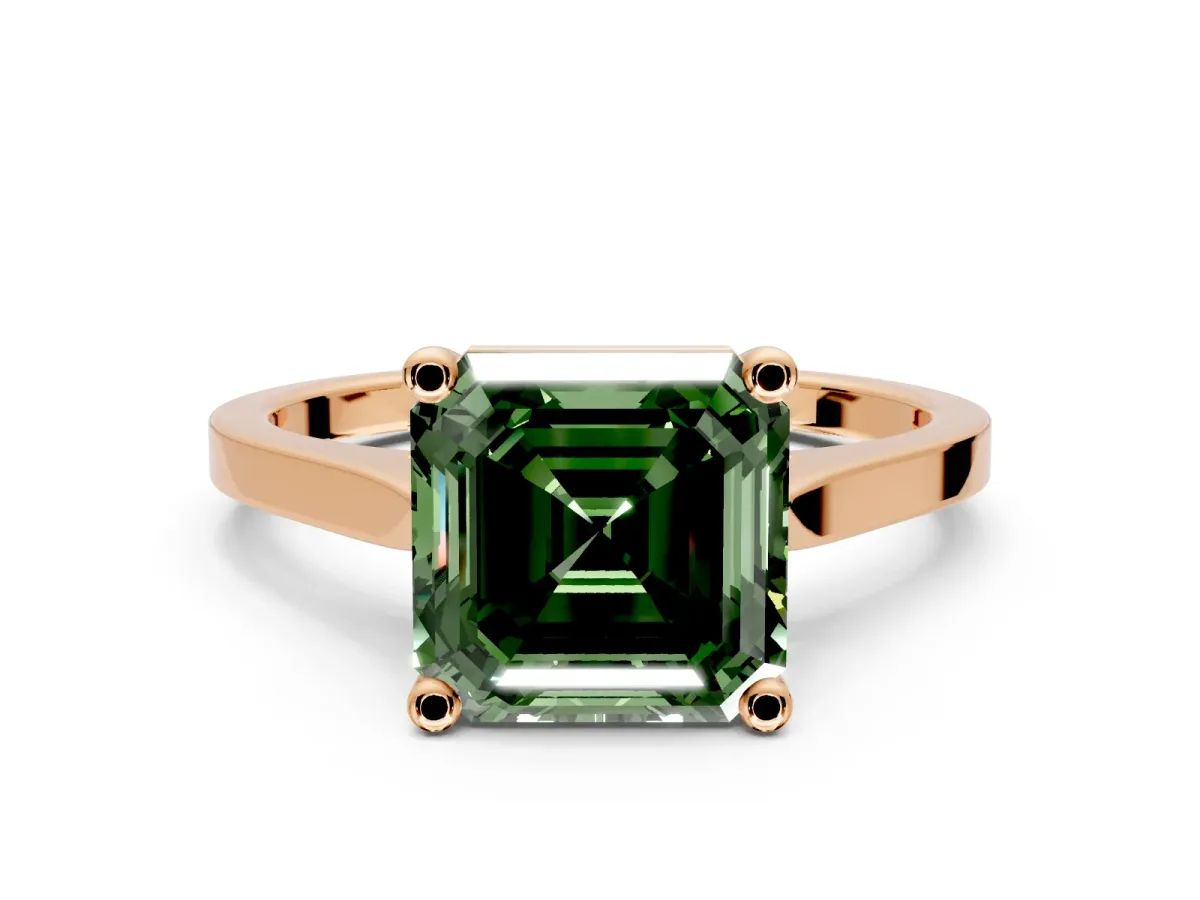 Solitaire Engagement Ring Setting for Fancy Green Asscher Cut Center with Tapered Shoulders and Prong Head in Rose Gold