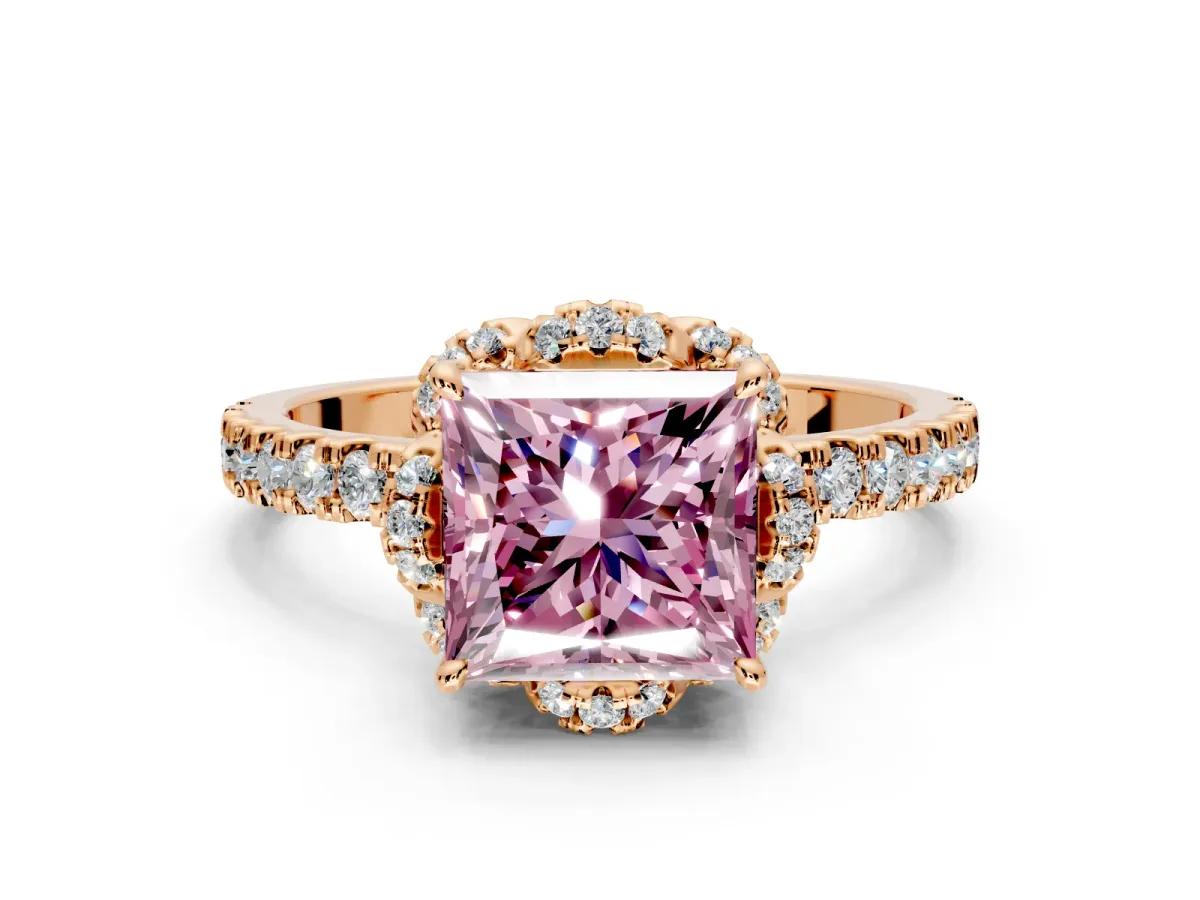 Halo Engagement Ring Setting for Fancy Pink Princess Cut Center with Openwork Halo, Pave Band and Prong Head in Rose Gold