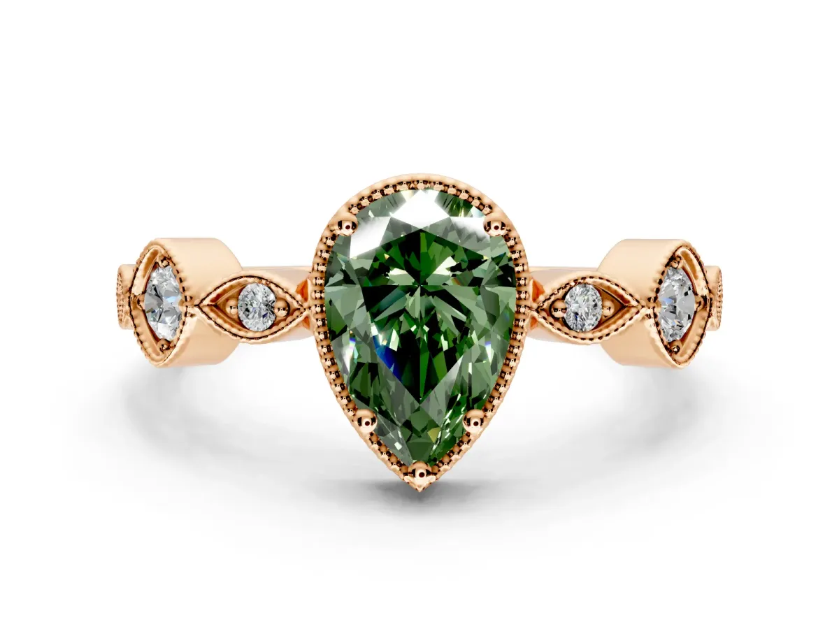 Vintage Station Engagement Ring Setting for Fancy Green Pear-Shaped Center with Accents and Prong Head in Rose Gold