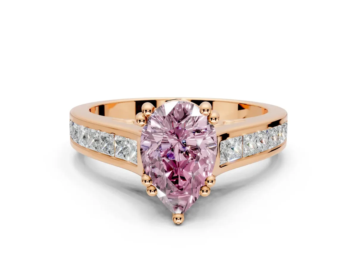 Solitaire Engagement Ring Setting for Fancy Pink Pear-Shaped Center with Channel Band and Double Claw Prong Head in Rose Gold