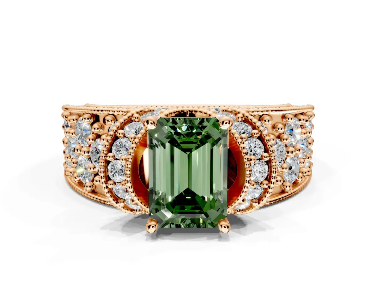 Pave Engagement Ring Setting for Fancy Green Emerald Cut Center with Curved Accent Rows, Openwork and Prong Head in Rose Gold