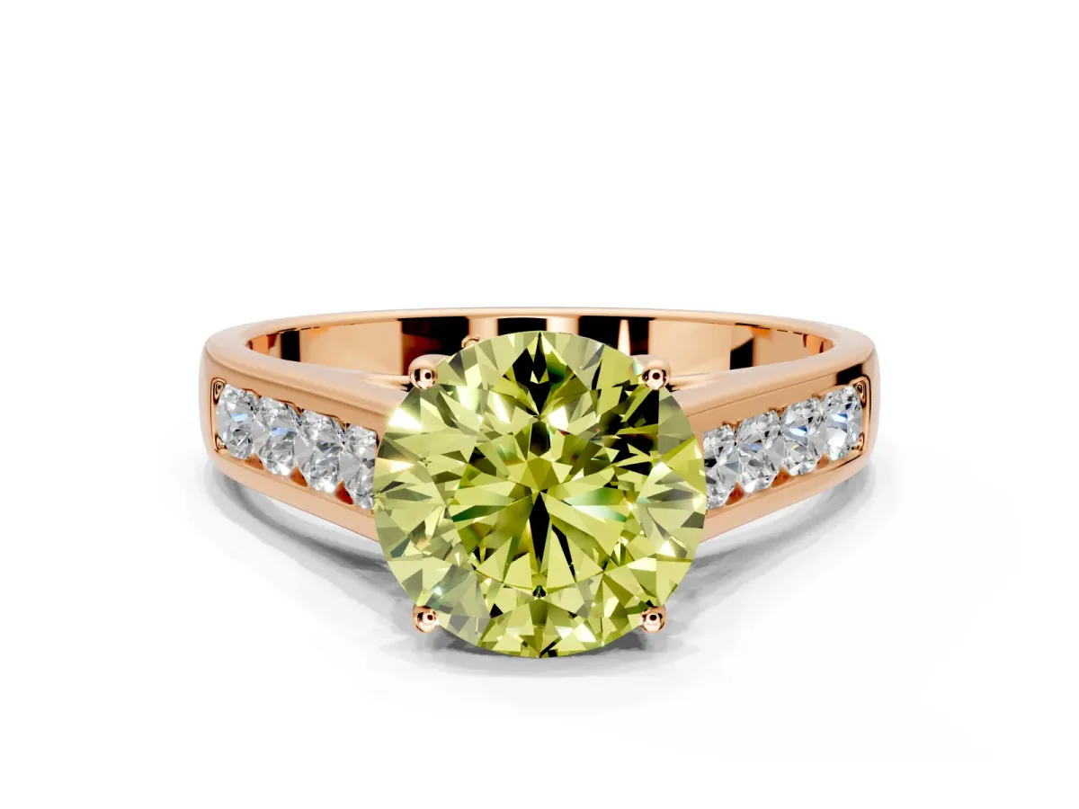 Solitaire Engagement Ring Setting for Fancy Yellow Round Cut Center with Cathedral Channel Band and Prong Head in Rose Gold