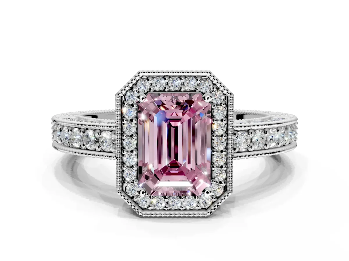 Milgrain Halo Engagement Ring Setting for Fancy Pink Emerald Cut Center with Wide Pave Band and Prong Head in White Gold