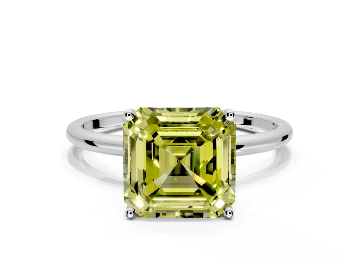 Solitaire Engagement Ring Setting for Fancy Yellow Asscher Cut Center with Straight Thin Band and Prong Head in Platinum