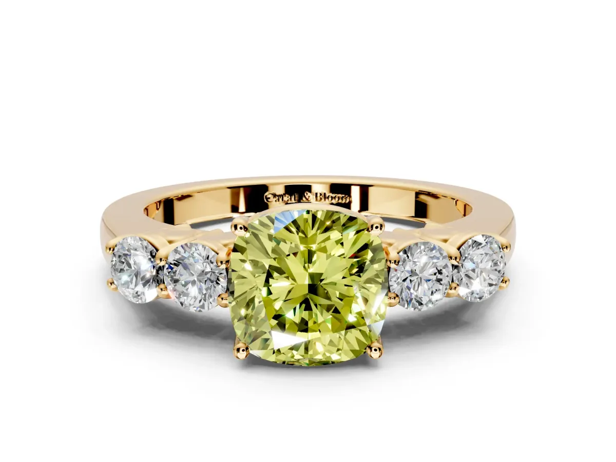 5 Stone Engagement Ring Setting for Fancy Yellow Cushion Cut Center with Equal Close-Set Accents and Prong Head in Yellow Gold