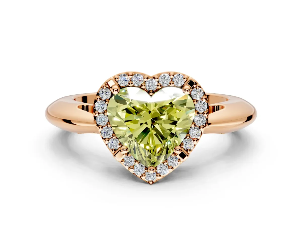 Halo Engagement Ring Setting for Fancy Yellow Heart-Shaped Center with Tapered Plain Band and Prong Head in Rose Gold