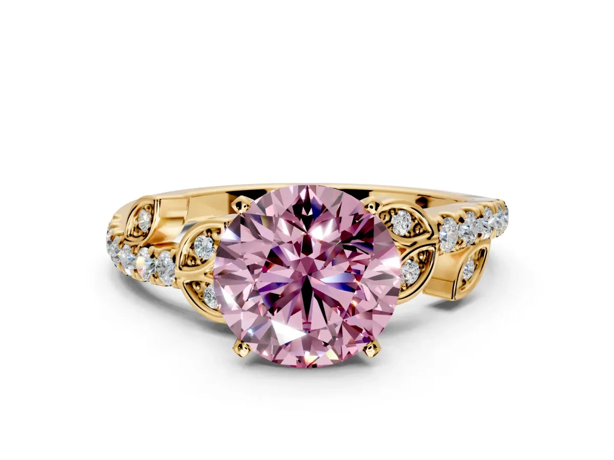 Leaf Motif Engagement Ring Setting for Fancy Pink Round Cut Center with Pave Band and Prong Head in Yellow Gold