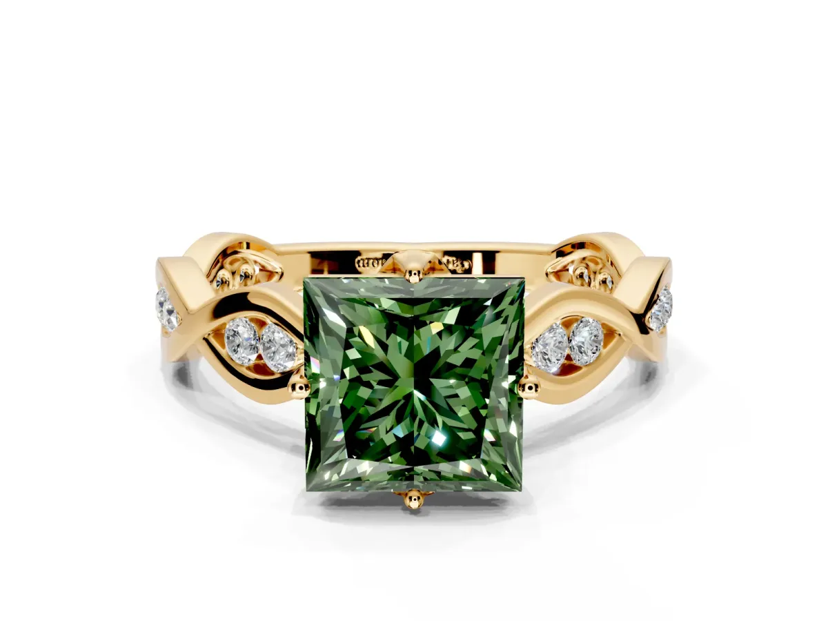 Solitaire Engagement Ring Setting for Fancy Green Princess Cut Center with Accented Twist Band and Leaf Prong Head in Yellow Gold