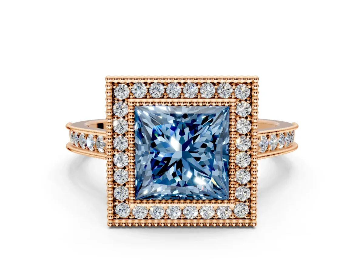 Halo Engagement Ring Setting for Fancy Blue Princess Cut Center with Milgrain Pave Band and Bezel Head in Rose Gold