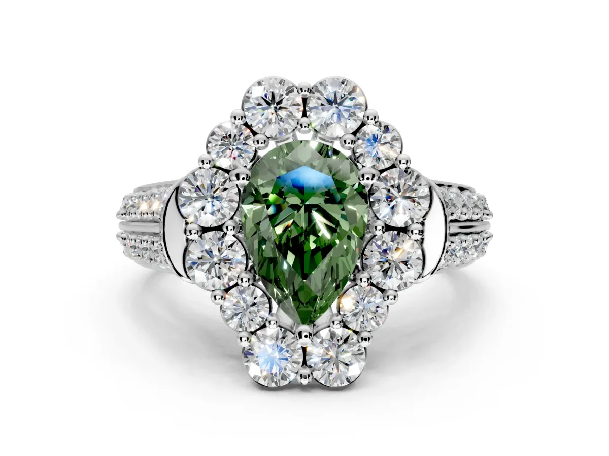 Large Accent Halo Engagement Ring Setting for Fancy Green Pear-Shaped Center with Pave Split Shank and Prong Head in Platinum