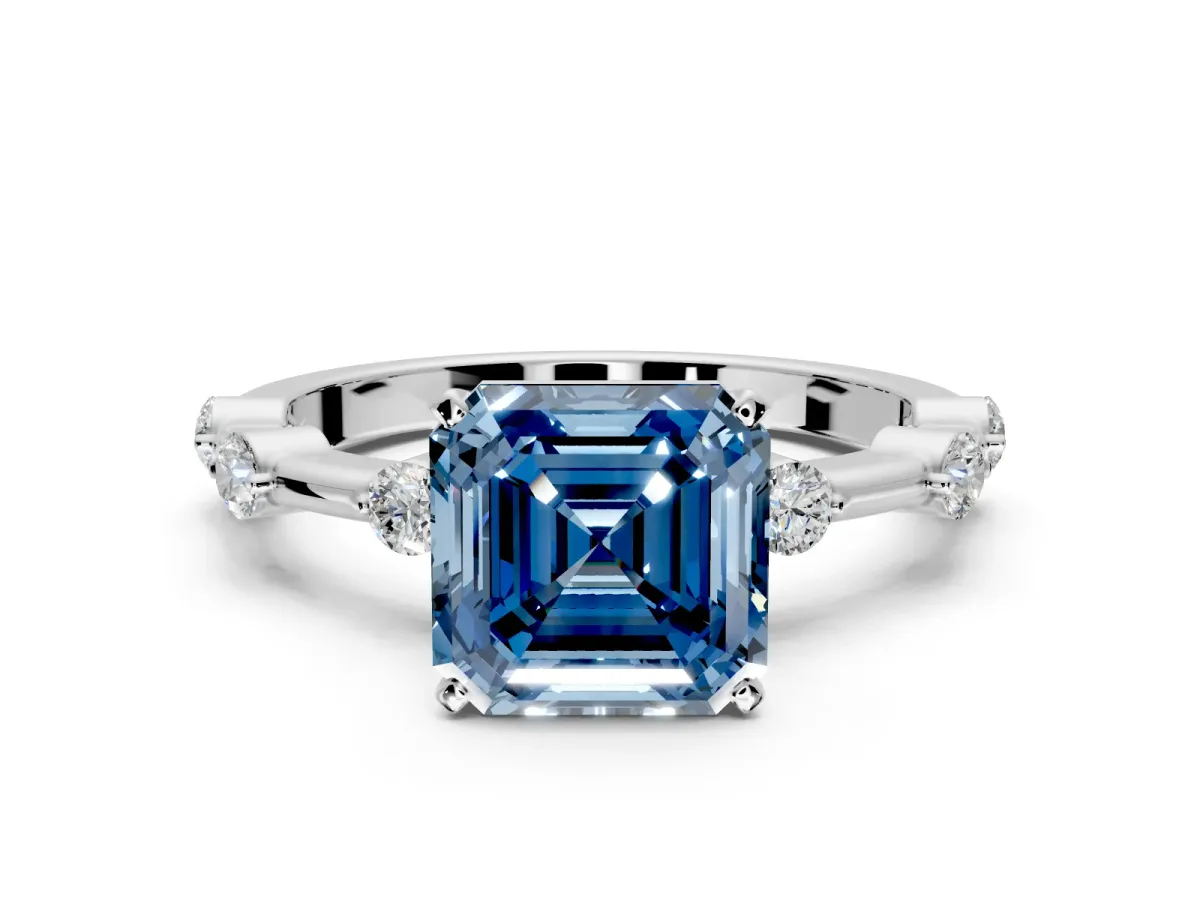 Solitaire Engagement Ring Setting for Fancy Blue Asscher Cut Center with Bezel Station Band and Prong Head in Platinum