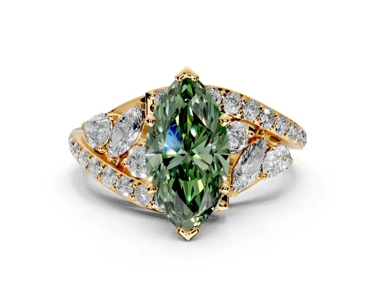 Halo Engagement Ring Setting for Fancy Green Marquise Center with Marquise and Pave Bypass Band and Prong Head in Yellow Gold