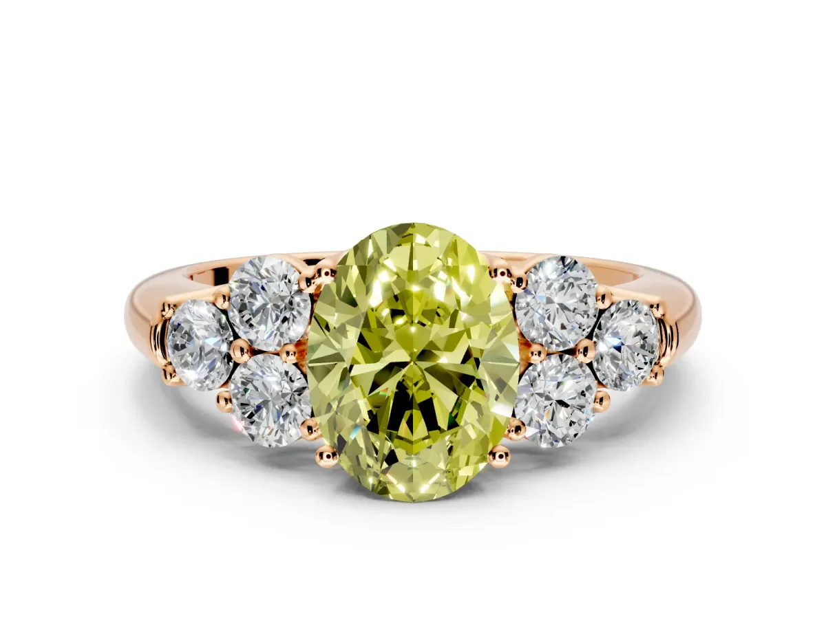 Cluster Engagement Ring Setting for Fancy Yellow Oval Center with Round Cut Accent Frame and Prong Head in Rose Gold