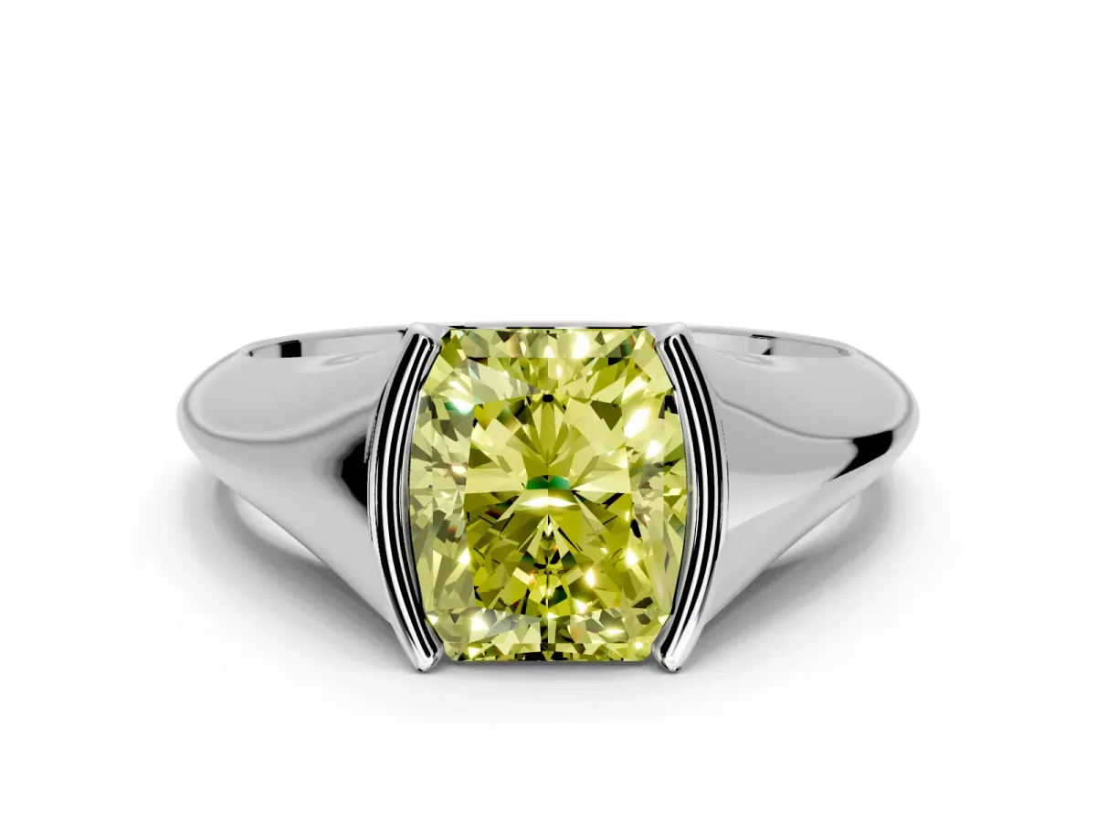Tension Engagement Ring Setting for Fancy Yellow Radiant Cut Center with Wide Tapered Band and Tension Head in Platinum