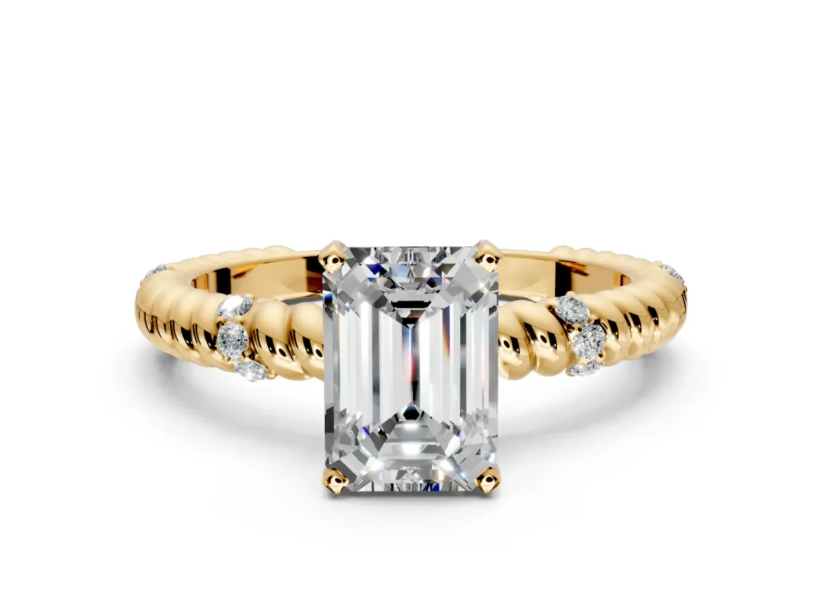 Rope Engagement Ring Setting for Emerald Cut Center with Accent Shoulders and Prong Head in Yellow Gold