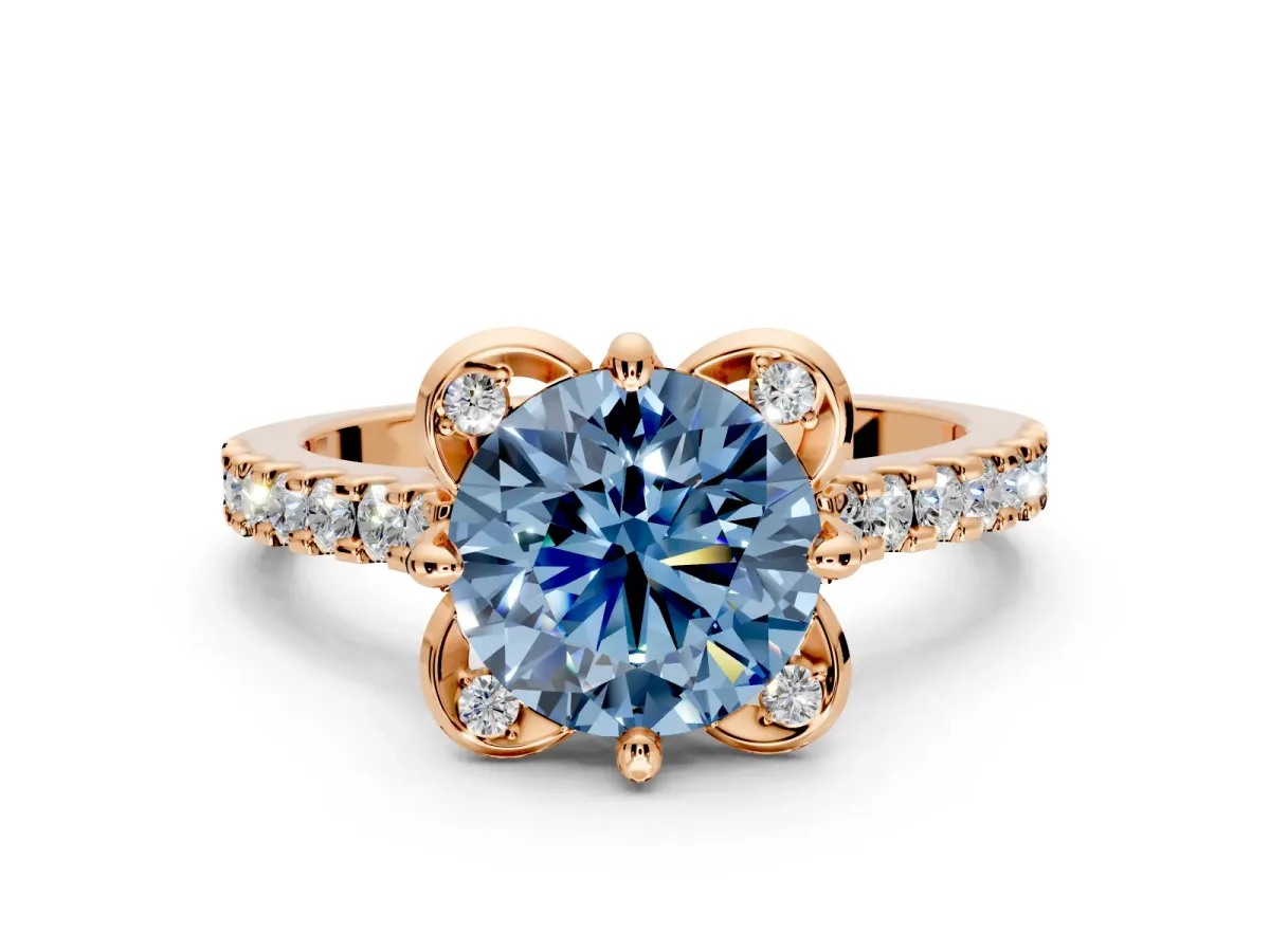Floral Engagement Ring Setting for Fancy Blue Round Cut Center with Pave Band and Floral Prong Head in Rose Gold