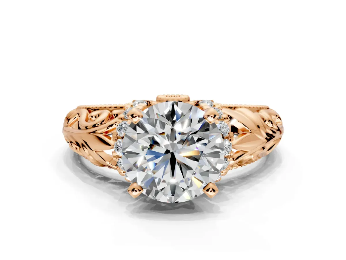 Solitaire Engagement Ring Setting for Round Cut Center with Filigree Accent Basket and Prong Head in Rose Gold
