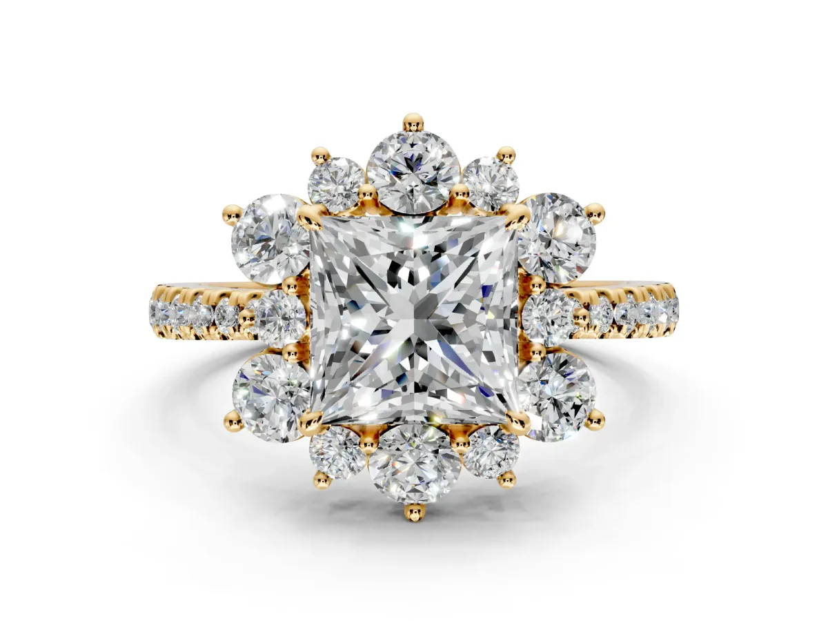 Floral Halo Engagement Ring Setting for Princess Cut Center with Pave Accents and Prong Head in Yellow Gold