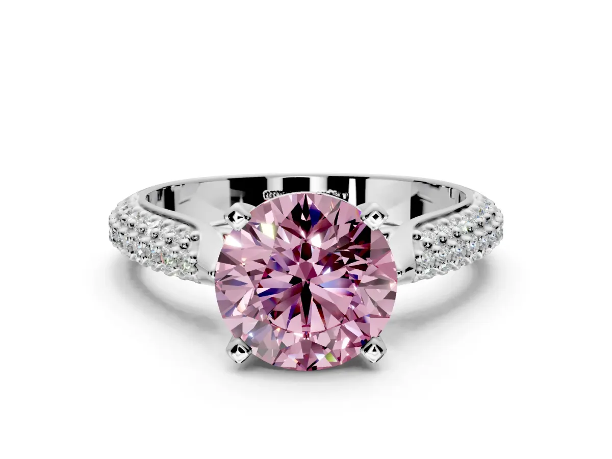 Solitaire Engagement Ring Setting for Fancy Pink Round Cut Center with Multi-Row Accents and Prong Head in Platinum