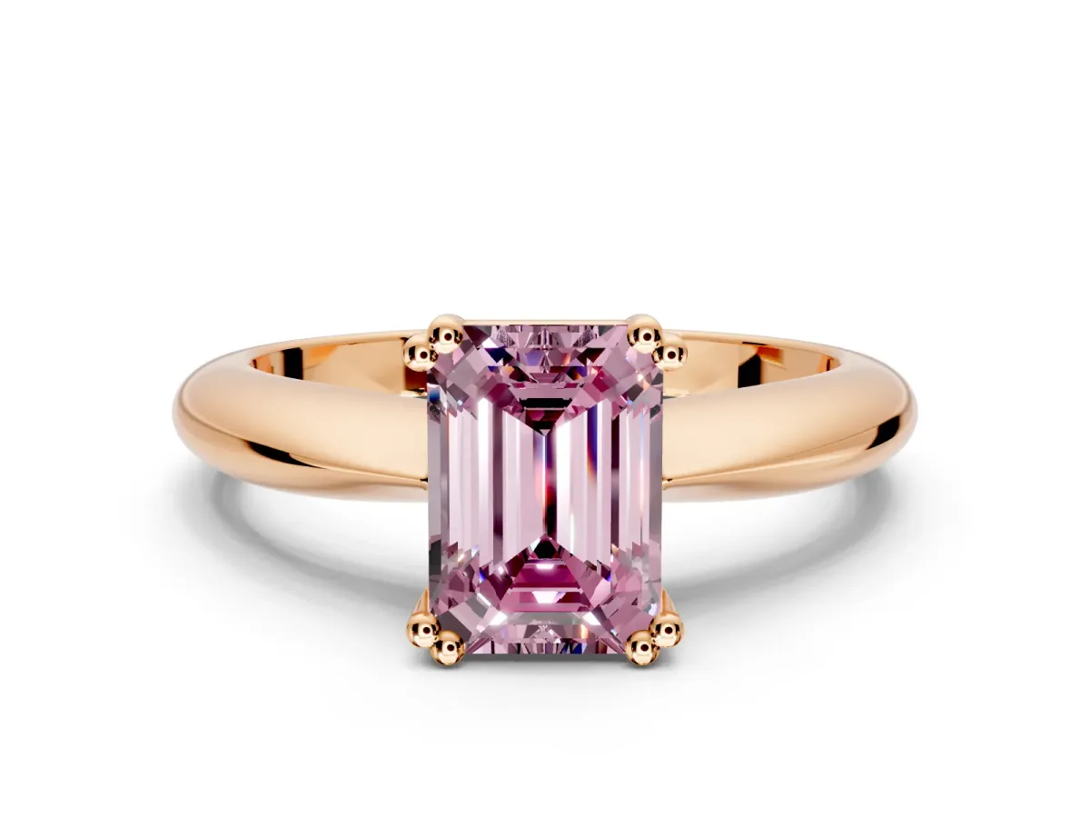 Solitaire Engagement Ring Setting for Fancy Pink Emerald Cut Center with Reverse Tapered Band and Prong Head in Rose Gold
