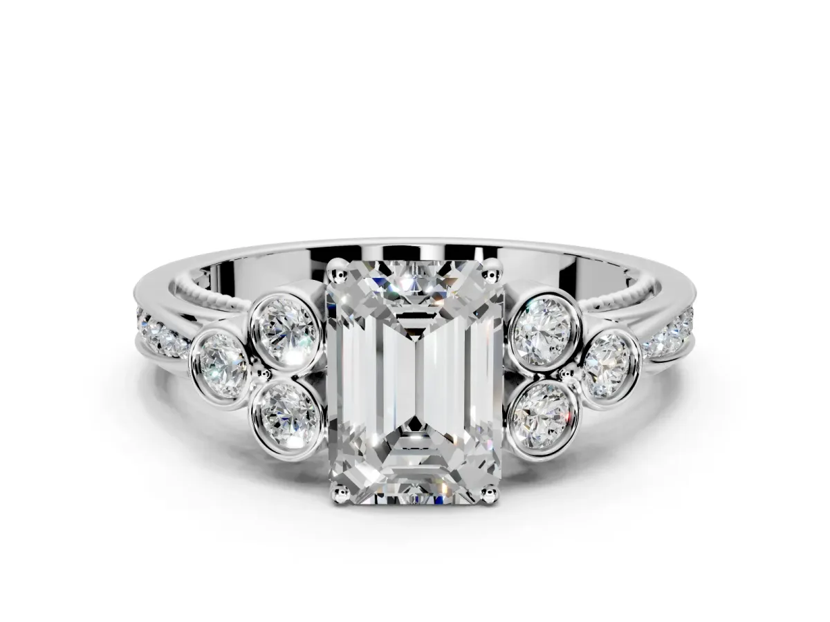 Cluster Engagement Ring Setting for Emerald Cut Center with Bezel Accent Clusters and Prong Head in Platinum