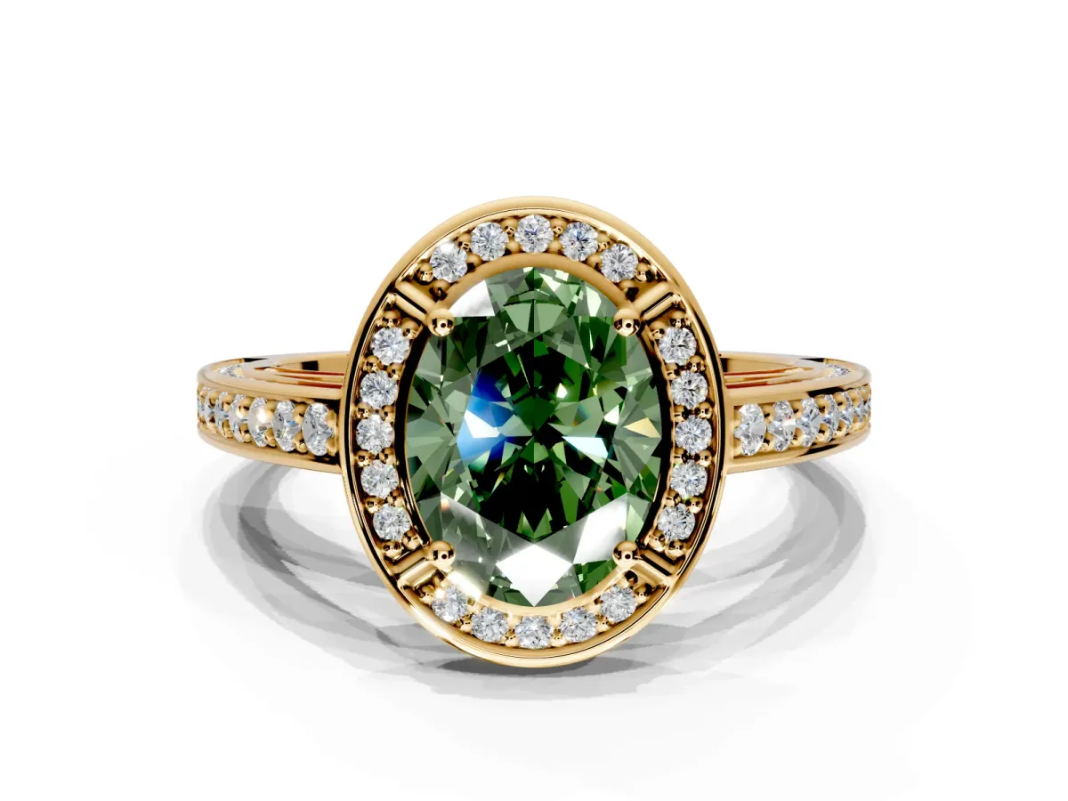 Halo Engagement Ring Setting for Fancy Green Oval Center with Framed Halo, Pave Band and Prong Head in Yellow Gold