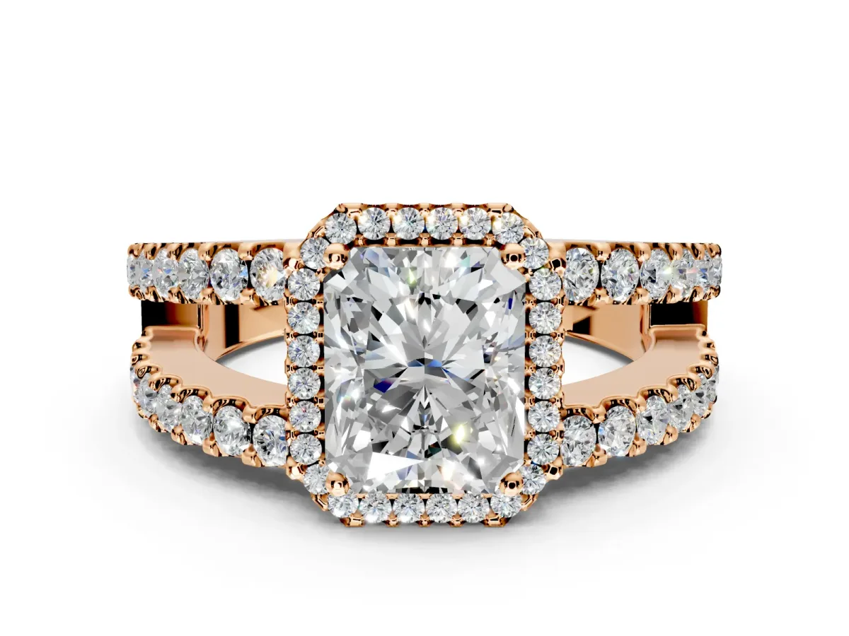 Halo Engagement Ring Setting for Radiant Cut Center with Wide-Open Pave Split Shank and Prong Head in Rose Gold