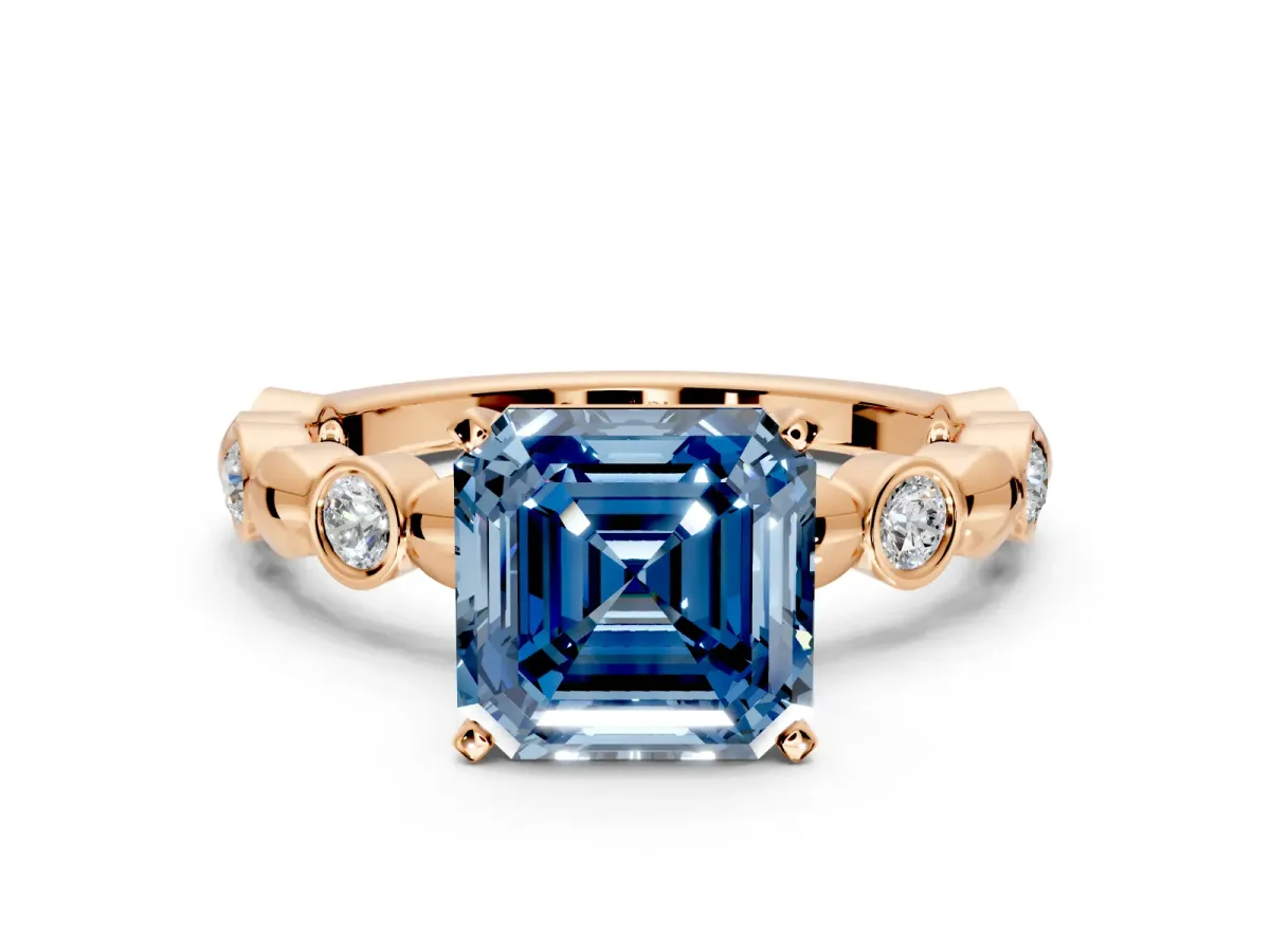 Solitaire Engagement Ring Setting for Fancy Blue Asscher Cut Center with Beaded Bezel Station Band and Prong Head in Rose Gold