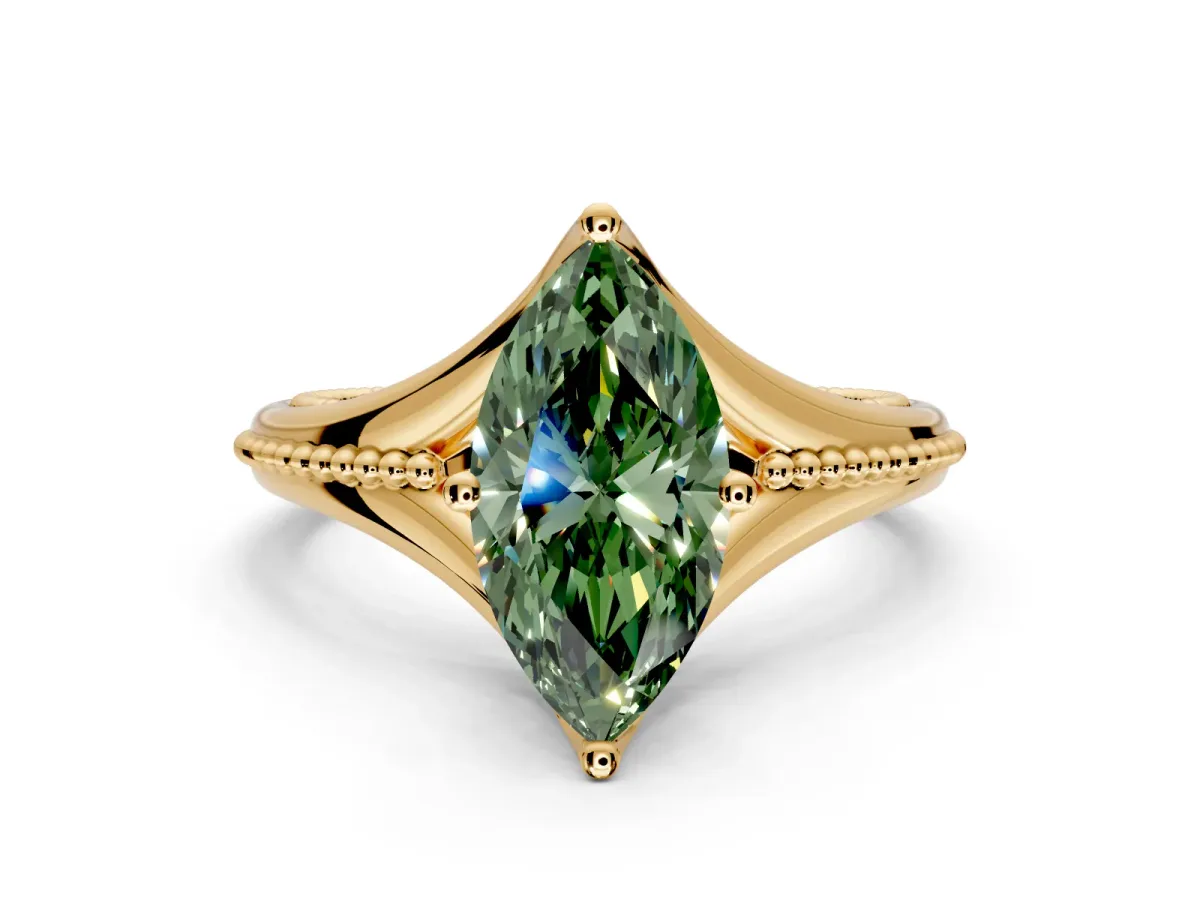 Solitaire Engagement Ring Setting for Fancy Green Marquise Center with Milgrain Cathedral Band and Prong Head in Yellow Gold