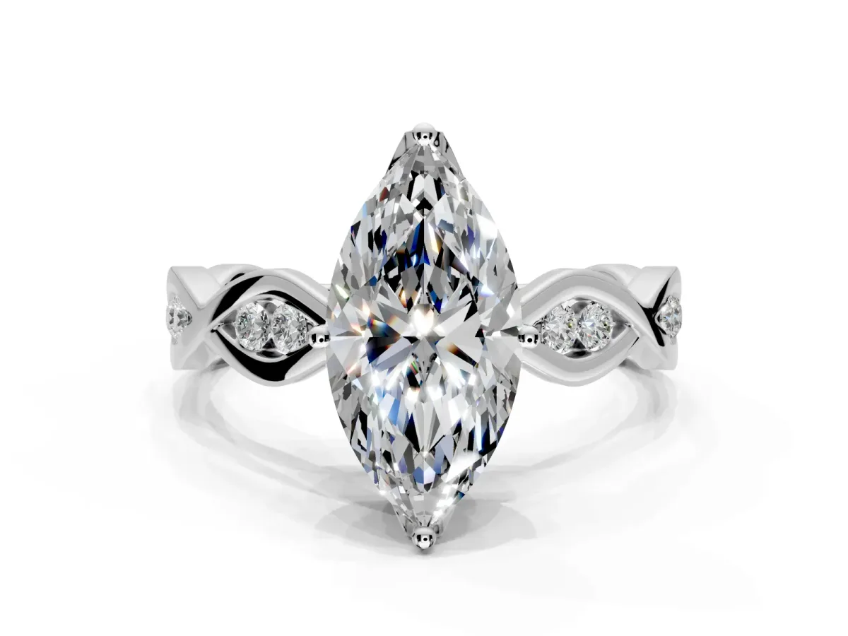 Solitaire Engagement Ring Setting for Marquise Center with Accented Twist Band and Leaf Prong Head in White Gold